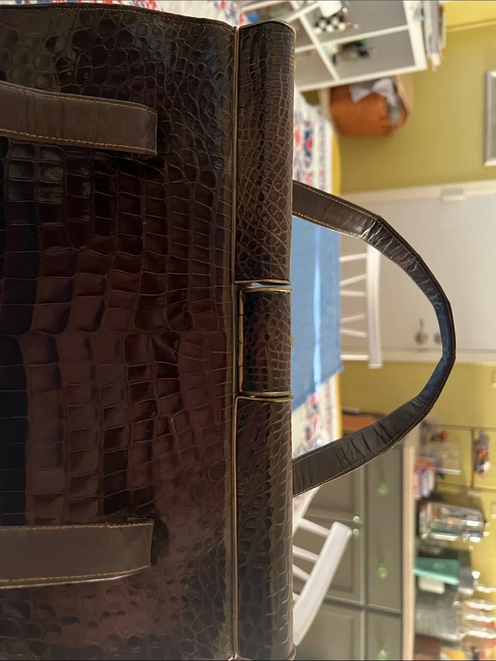 Classic Croc-Embossed Structured Top-Handle Bag in Dark Brown